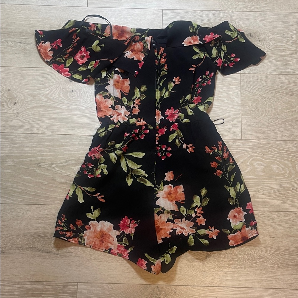 Premier Amour Black Romper with Peach Floral & Green Leaf Print Size: 2
